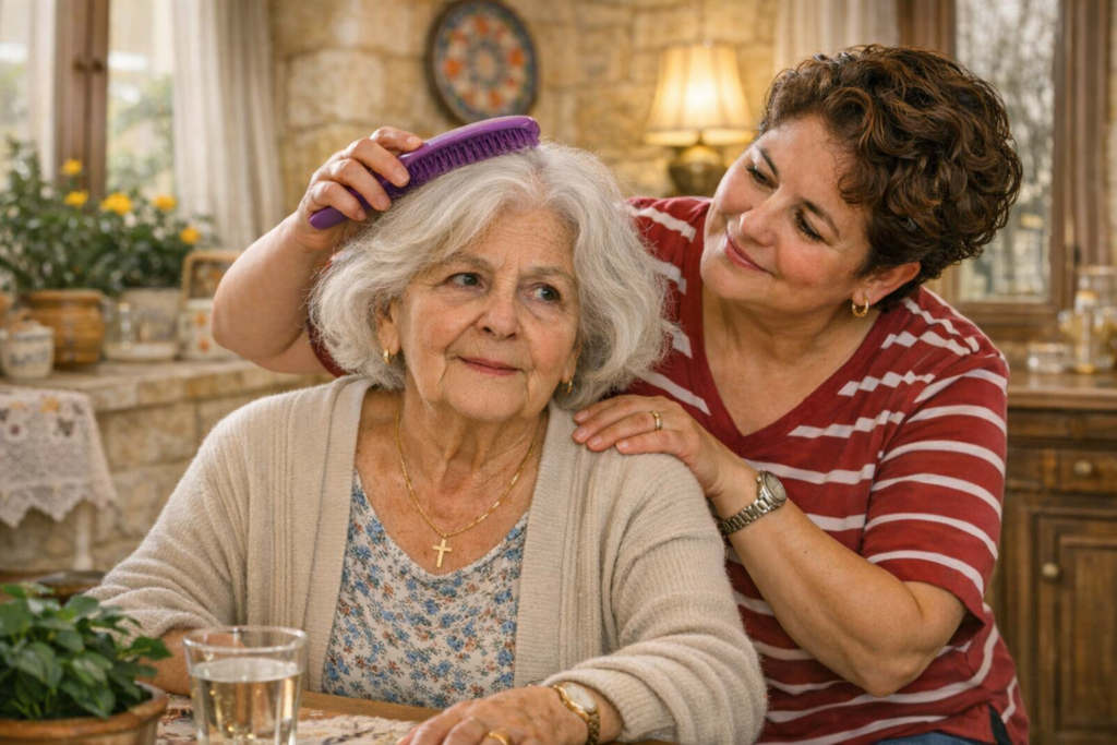 A compassionate carer in Malta gently brushing an elderly woman's hair, providing the routine and reassurance essential for dementia care at home.
