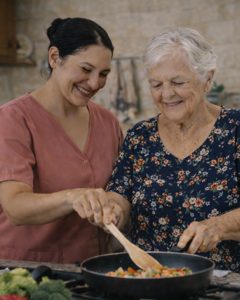 A friendly live-in carer in Malta smiling while helping an elderly woman cook a healthy meal, showing how home help services support daily independence.